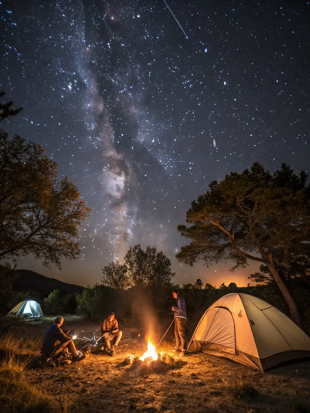 A cozy campsite under a starlit sky, with a crackling campfire and a tent illuminated from within, showcasing the comfort and camaraderie of a Good Earth Provisions camping adventure.