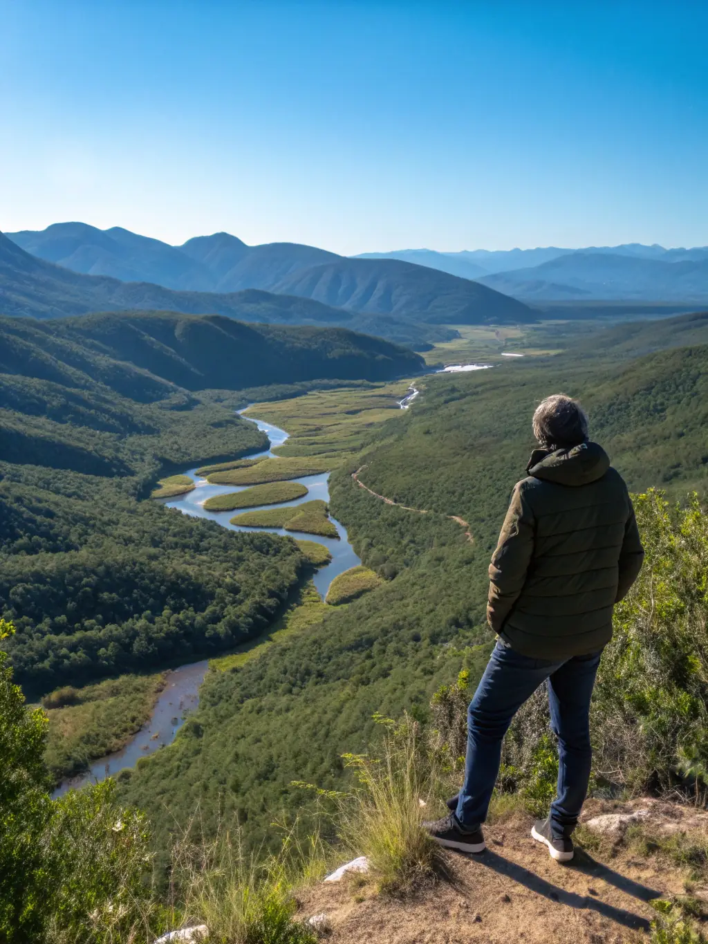 A person wearing Trailhead apparel and carrying Trailhead gear, standing on a scenic overlook during a curated adventure travel experience, showcasing the brand's integrated lifestyle approach.