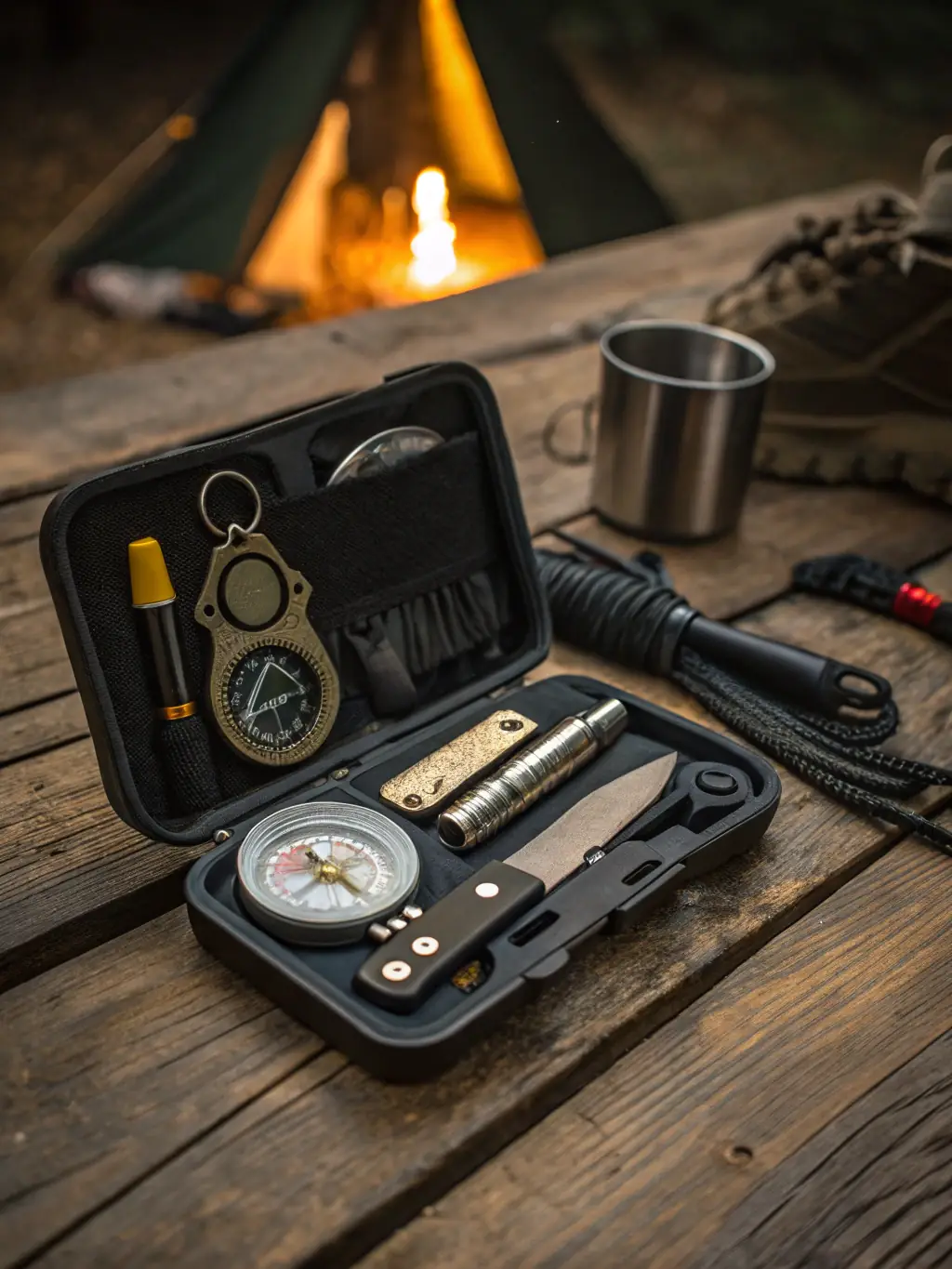 A selection of Trailhead's outdoor gear laid out on a wooden table, including a compass, a water bottle, and a multi-tool, highlighting the essential tools for deliberate exploration.