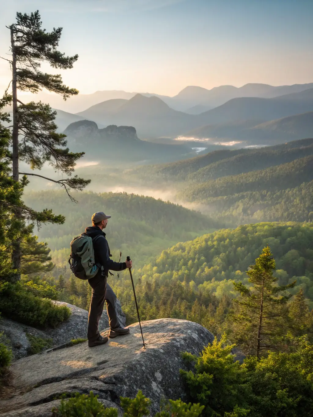 A serene mountain landscape at sunrise, with a hiker silhouetted against the vibrant sky, showcasing the beauty and tranquility of a Good Earth Provisions curated adventure.