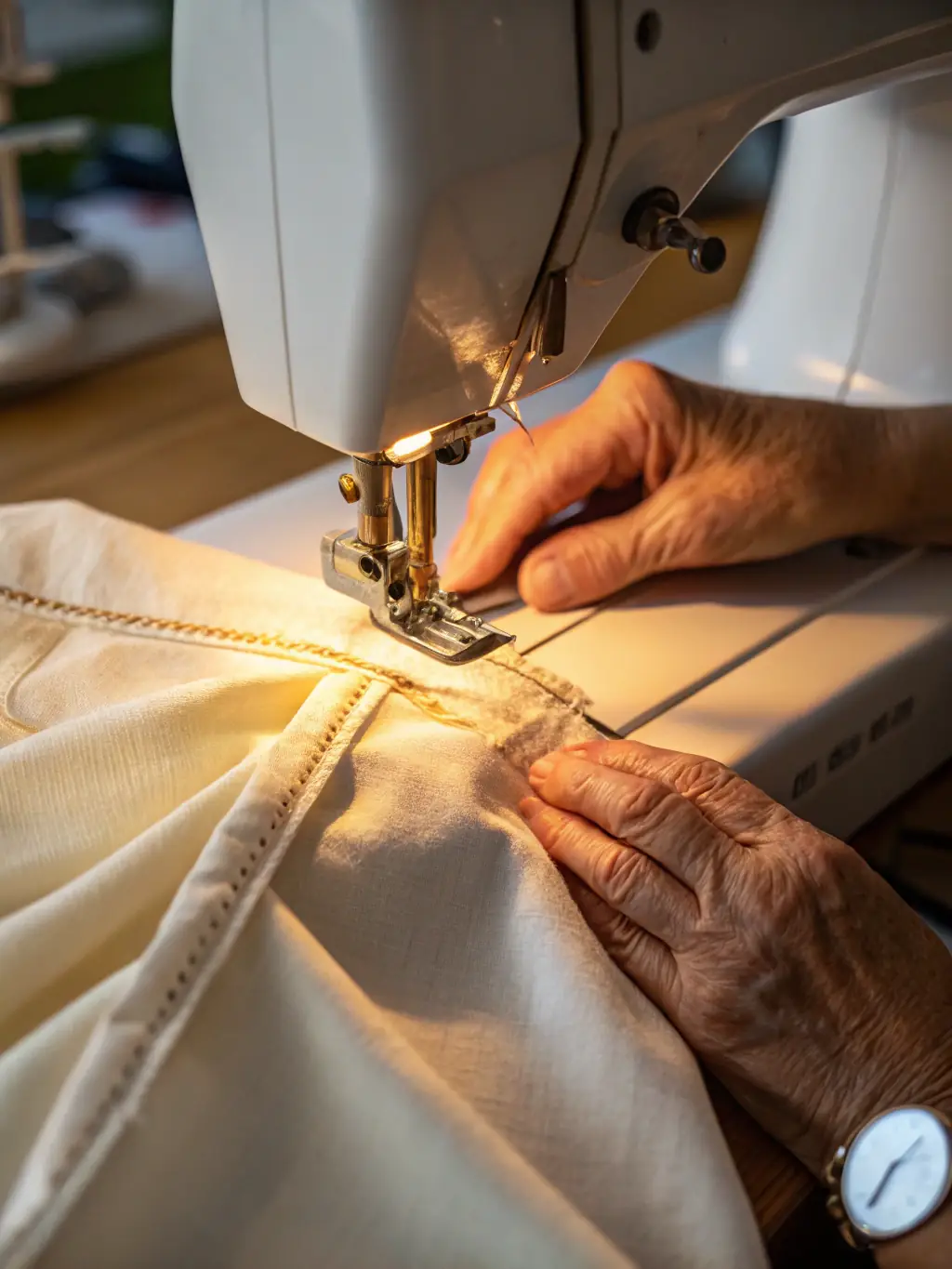 Close-up shot of a hand carefully stitching a durable canvas backpack in a workshop setting, emphasizing the craftsmanship and attention to detail.