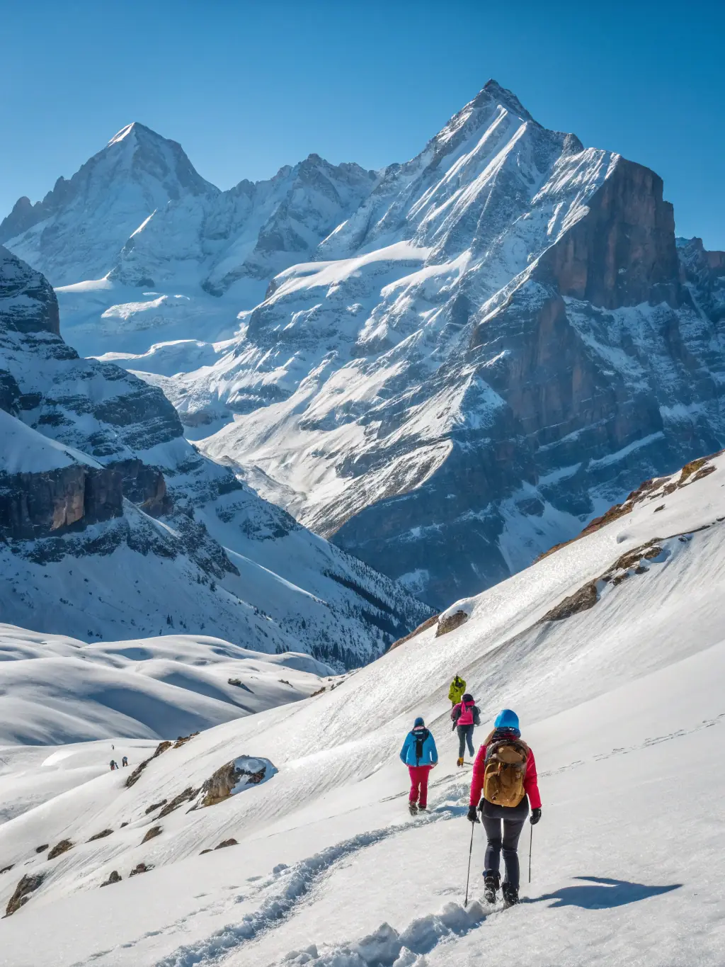 A group of hikers traversing a snowy mountain pass, with rugged terrain and clear blue skies in the background, emphasizing the challenge and reward of a Good Earth Provisions mountaineering expedition.