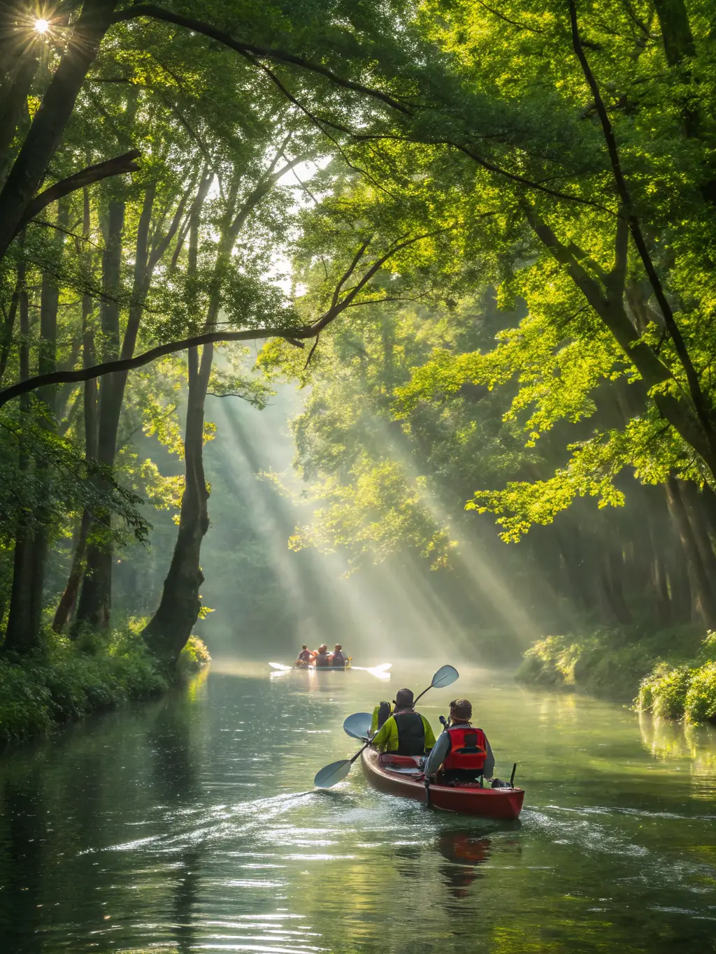 A crystal-clear river flowing through a lush green forest, with kayakers paddling downstream, highlighting the excitement and natural beauty of a Good Earth Provisions kayaking adventure.