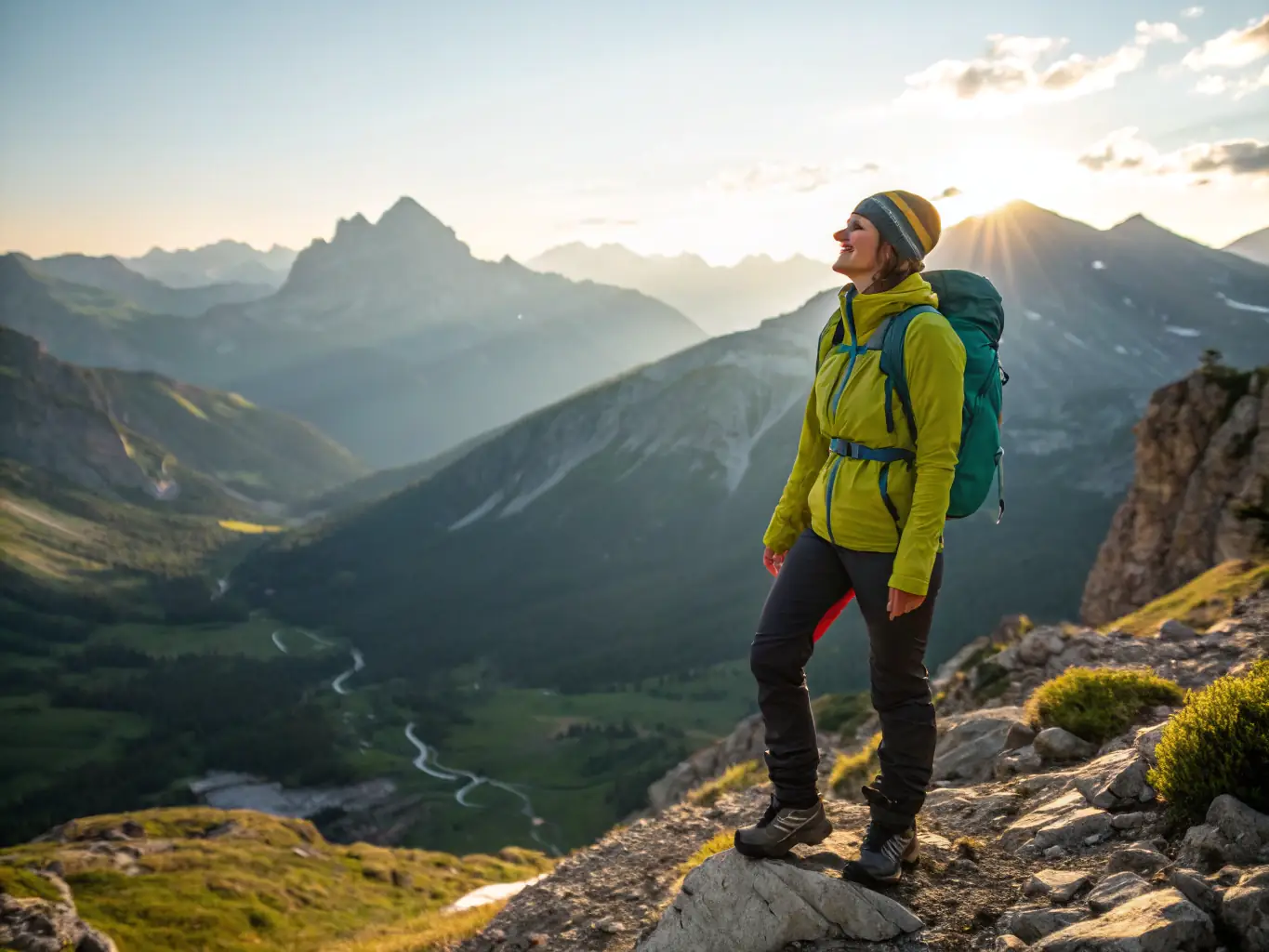 A person wearing a Trailhead merino wool base layer smiles while hiking in a misty mountain environment, showcasing the apparel's comfort, breathability, and performance in challenging conditions.