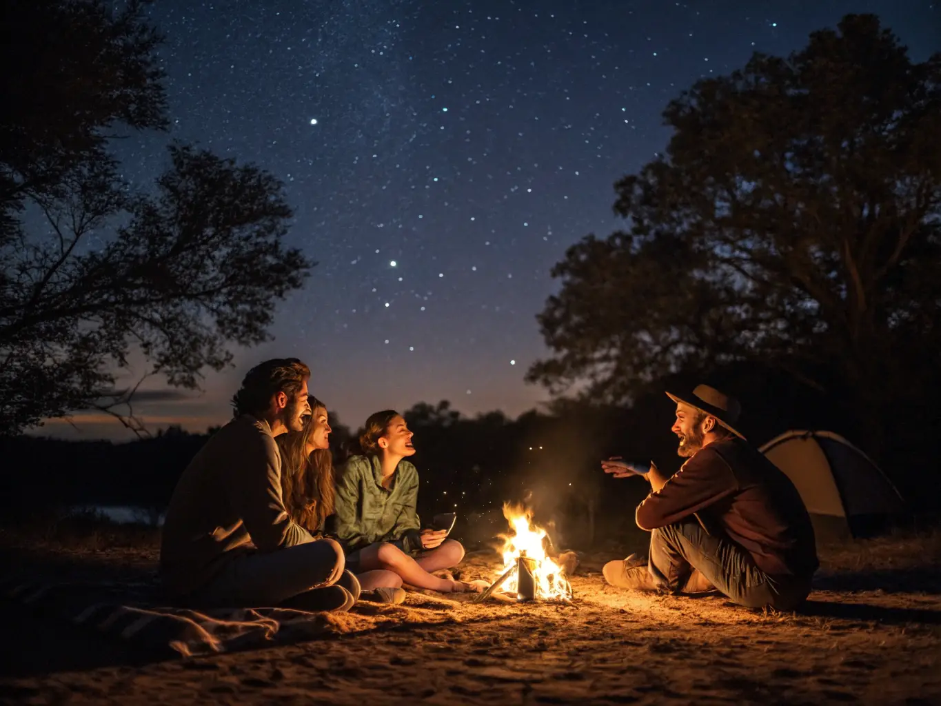 A group of travelers are gathered around a campfire, sharing stories and laughter under a starlit sky during a Trailhead curated adventure travel experience, highlighting the brand's focus on creating meaningful and immersive journeys.
